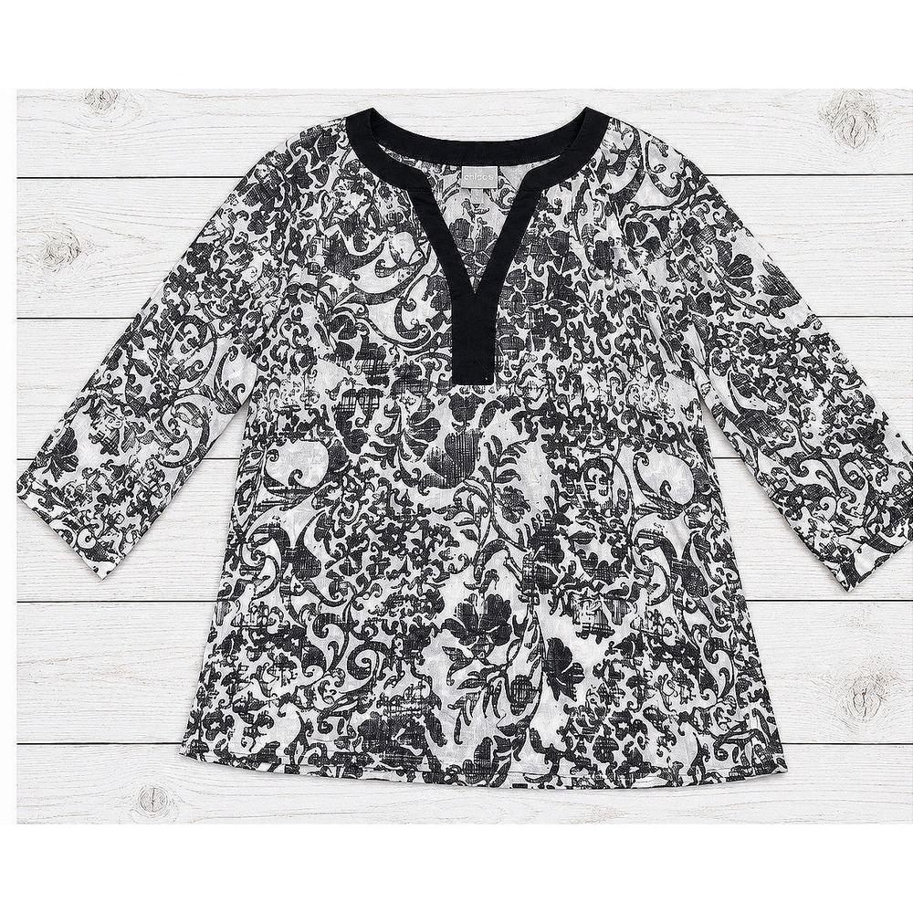 Chico's Cotton Tunic Top Black White Floral Toile V-Neck 3/4 Sleeve Boho Size 1